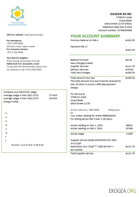 Modèle de facture de services publics de l'Association israélienne de l'énergie verte d'Israël aux formats Word et PDF
